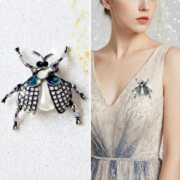 Silver plated blue pearl crystal ladybug necklace/brooch - Picture 11 of 14